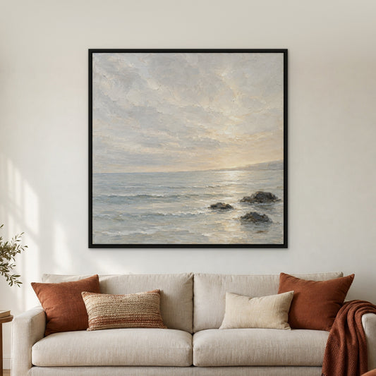 Pearl Horizon, grey abstract hand-painted canvas wall art in a living room – Gallery 23