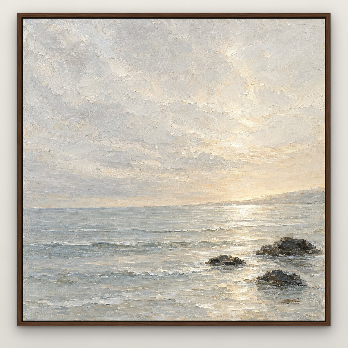 Pearl Horizon, grey abstract hand-painted canvas wall art in a slim walnut float frame – Gallery 23