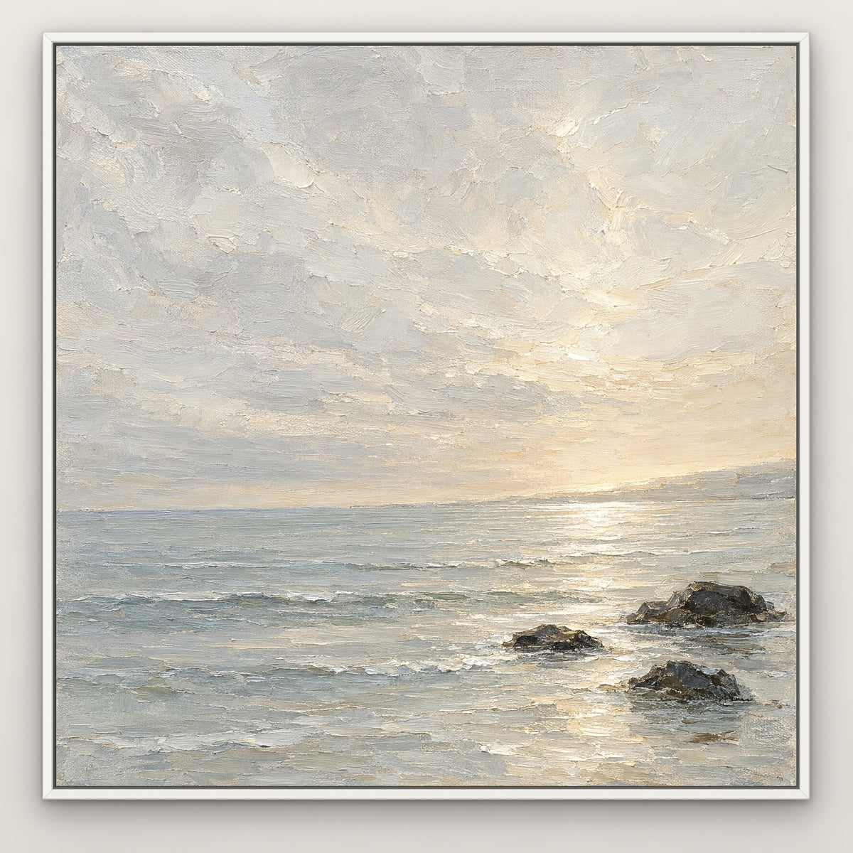 Pearl Horizon, grey abstract hand-painted canvas wall art in a slim white float frame – Gallery 23
