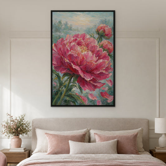 Fuchsia Peonies, blue abstract hand-painted canvas wall art in a bedroom – Gallery 23