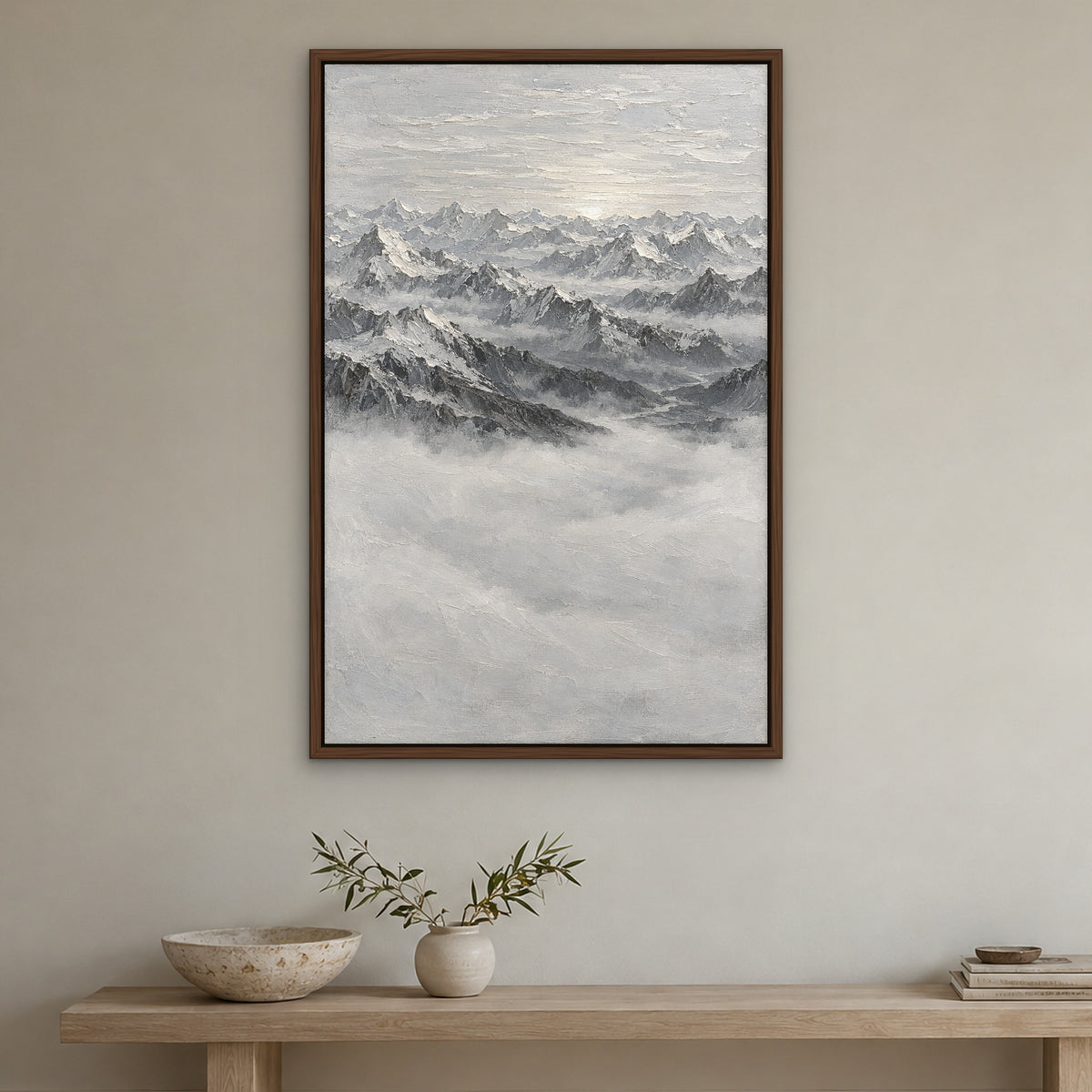 Plaster Peaks, grey mountain landscape hand-painted canvas wall art in a hallway – Gallery 23