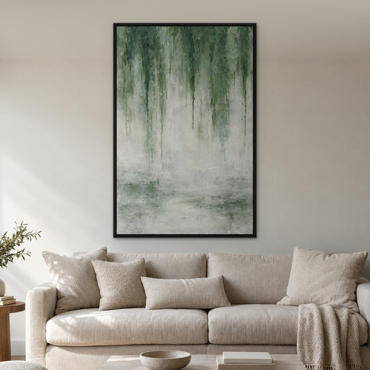 Jade Rain Fog, green abstract hand-painted canvas wall art in a living room – Gallery 23
