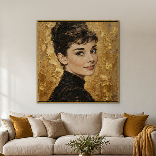 Audrey, gold portrait hand-painted canvas wall art in a living room – Gallery 23