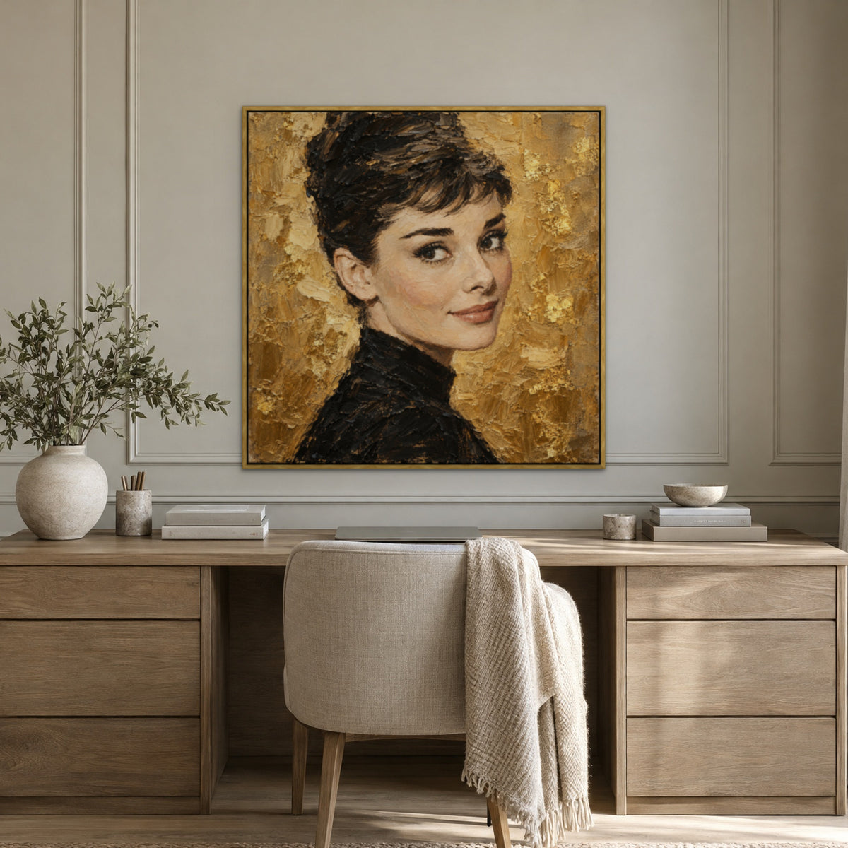 Audrey, gold portrait hand-painted canvas wall art in a home office – Gallery 23