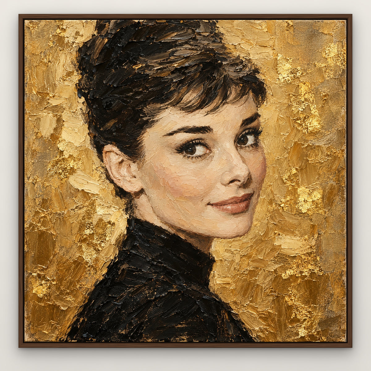 Audrey, gold portrait hand-painted canvas wall art in a slim walnut float frame – Gallery 23