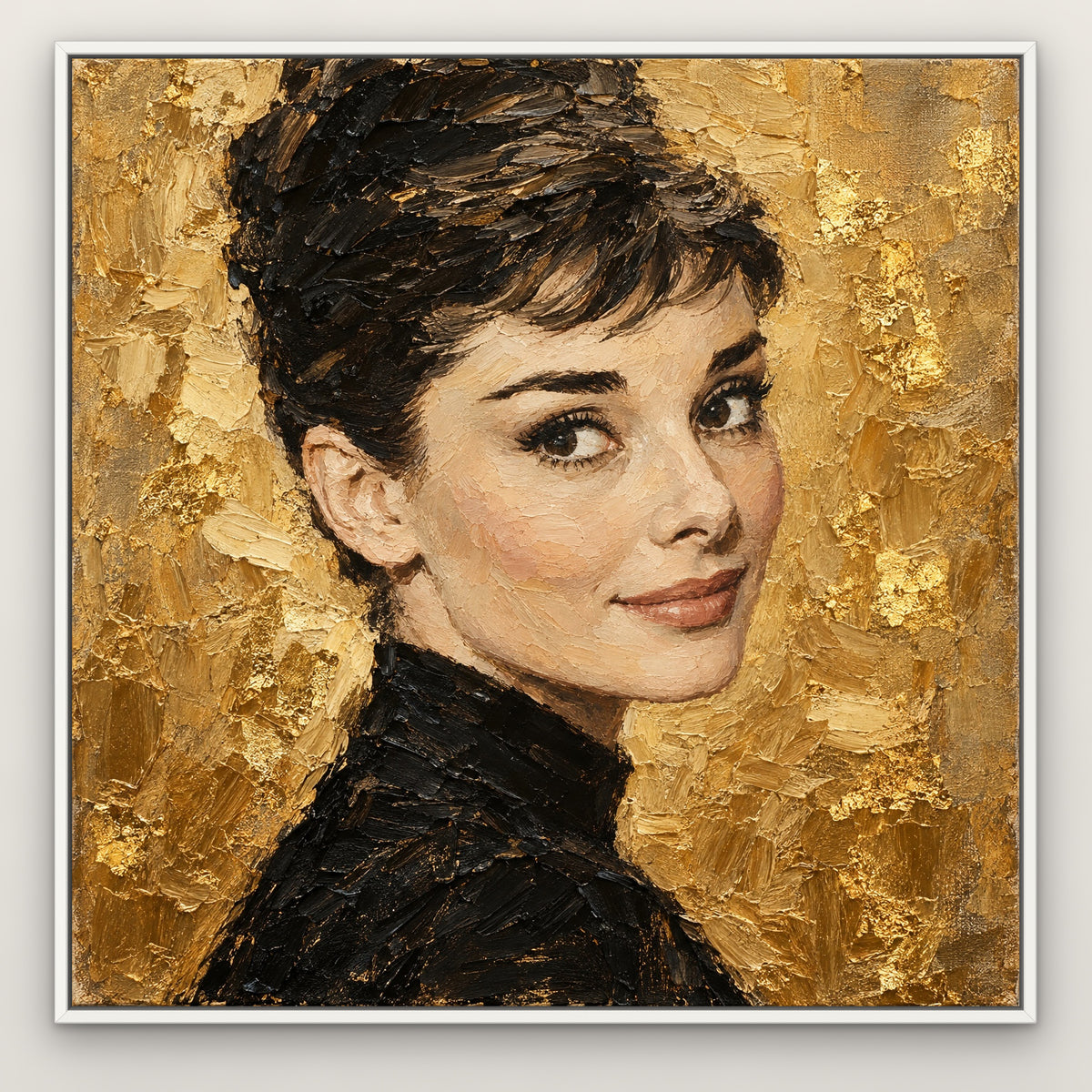 Audrey, gold portrait hand-painted canvas wall art in a slim white float frame – Gallery 23