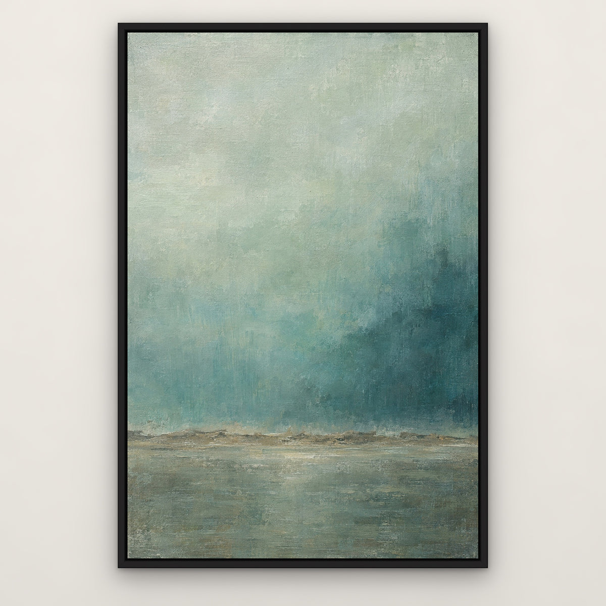 Teal Mist Horizon, gold abstract hand-painted canvas wall art in a slim black float frame – Gallery 23