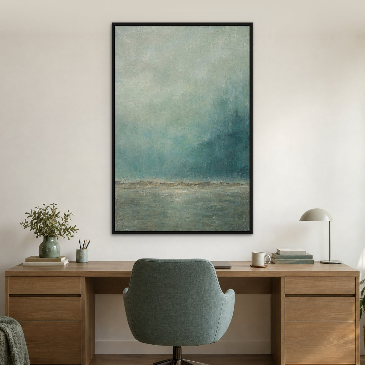 Teal Mist Horizon, gold abstract hand-painted canvas wall art in a home office – Gallery 23