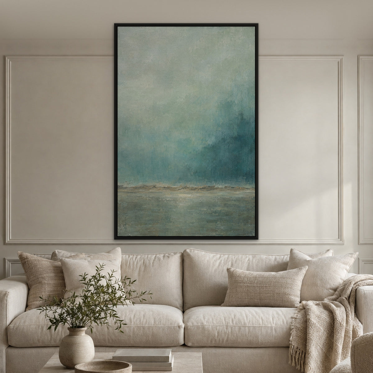 Teal Mist Horizon, gold abstract hand-painted canvas wall art in a living room – Gallery 23