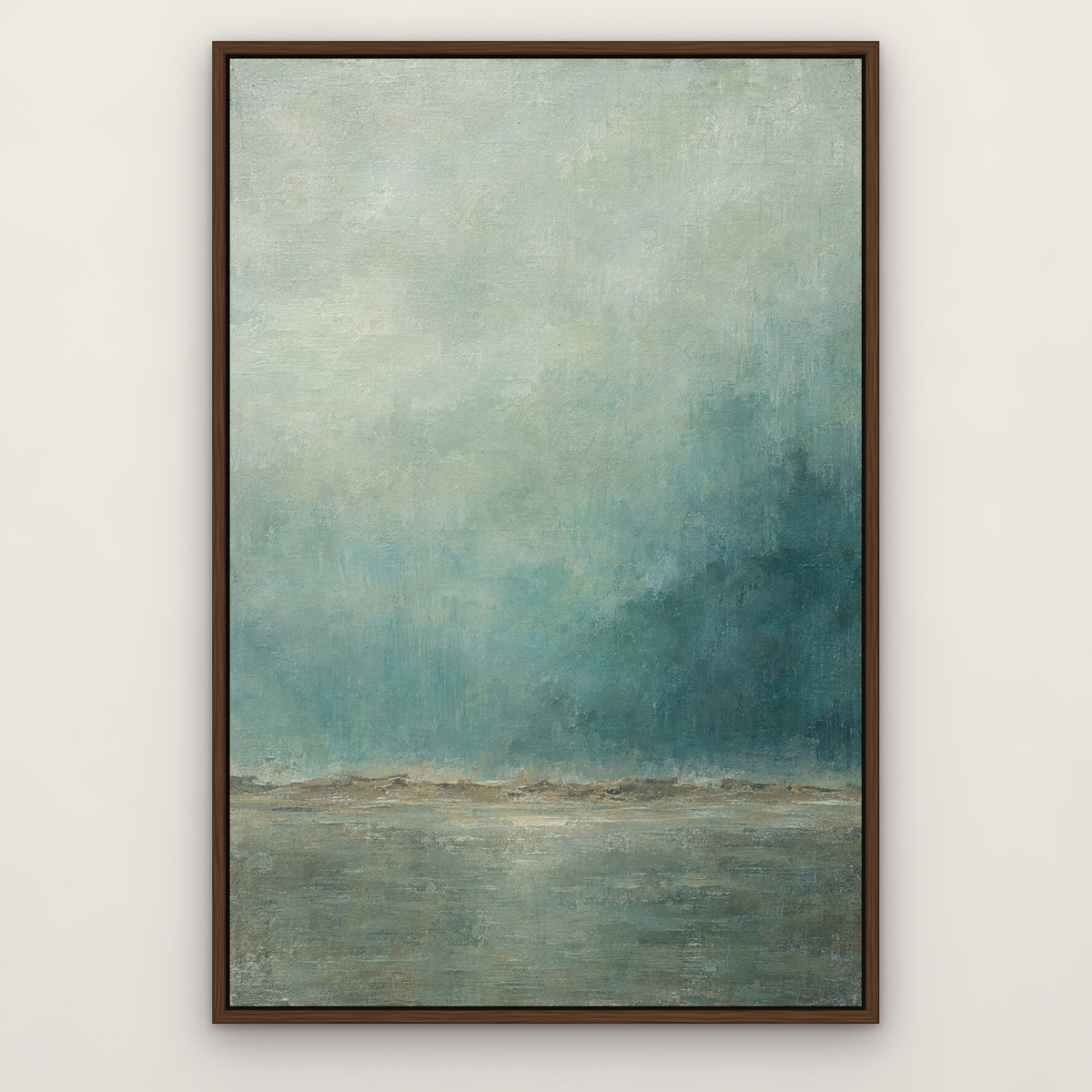 Teal Mist Horizon, gold abstract hand-painted canvas wall art in a slim walnut float frame – Gallery 23