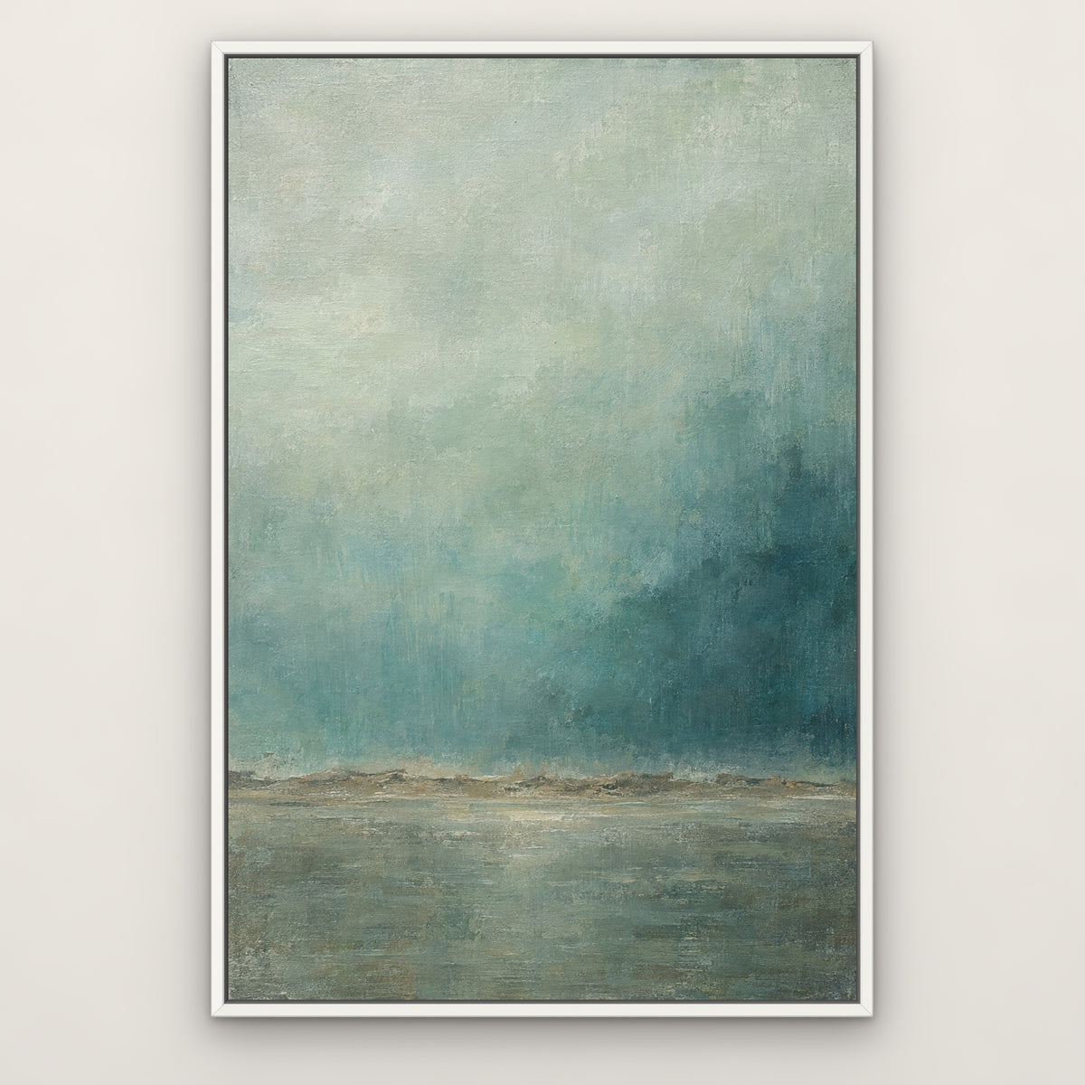 Teal Mist Horizon, gold abstract hand-painted canvas wall art in a slim white float frame – Gallery 23