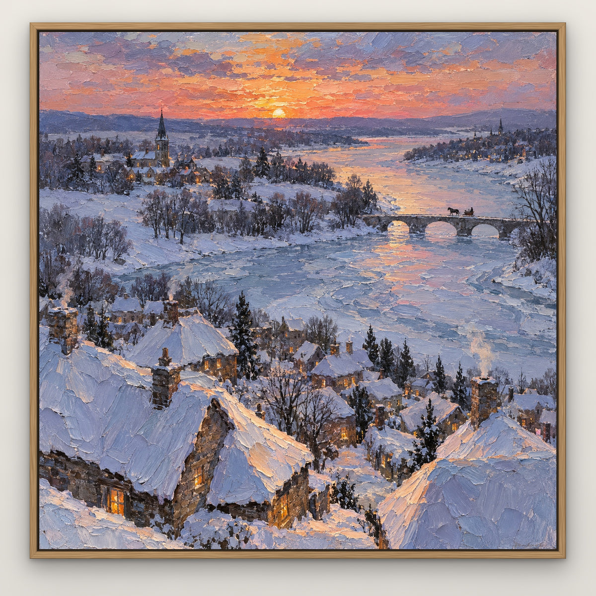 Winter Village Dusk, blue landscape hand-painted canvas wall art in a slim oak float frame – Gallery 23