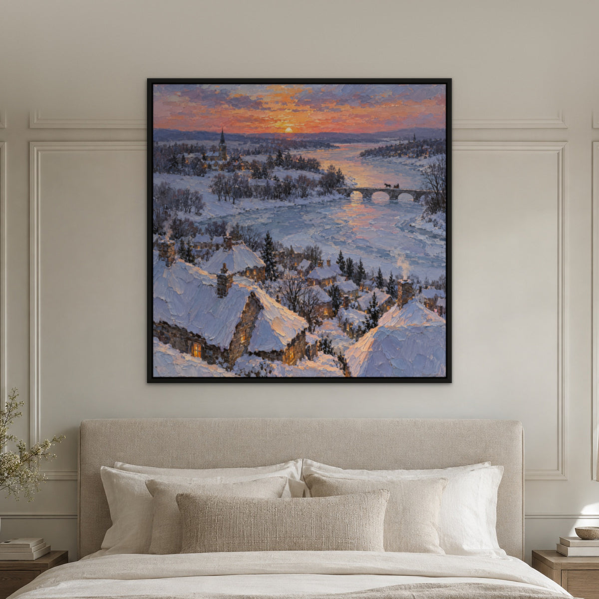 Winter Village Dusk, blue landscape hand-painted canvas wall art in a bedroom – Gallery 23