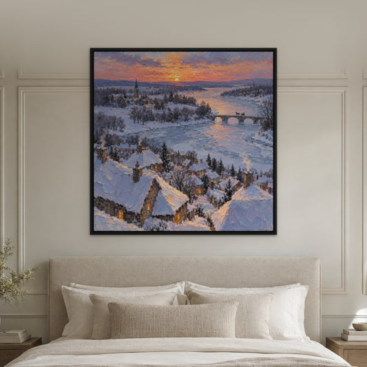 Winter Village Dusk, blue landscape hand-painted canvas wall art in a bedroom – Gallery 23