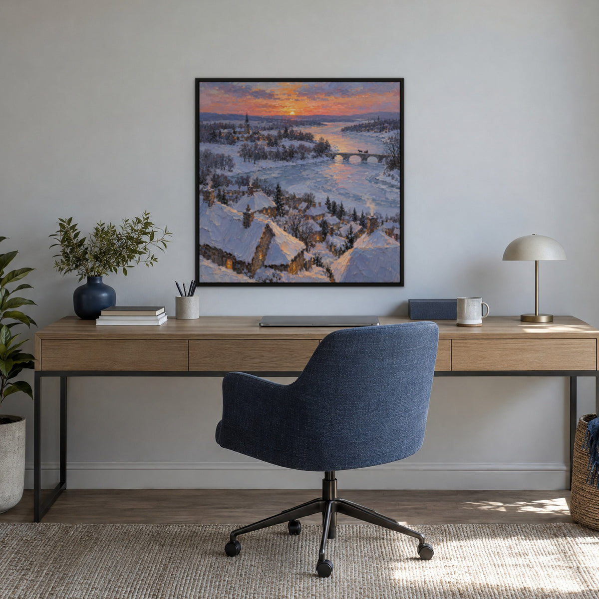 Winter Village Dusk, blue landscape hand-painted canvas wall art in a home office – Gallery 23