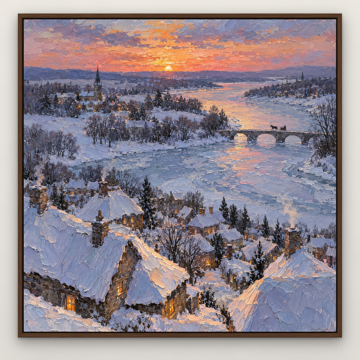 Winter Village Dusk, blue landscape hand-painted canvas wall art in a slim walnut float frame – Gallery 23