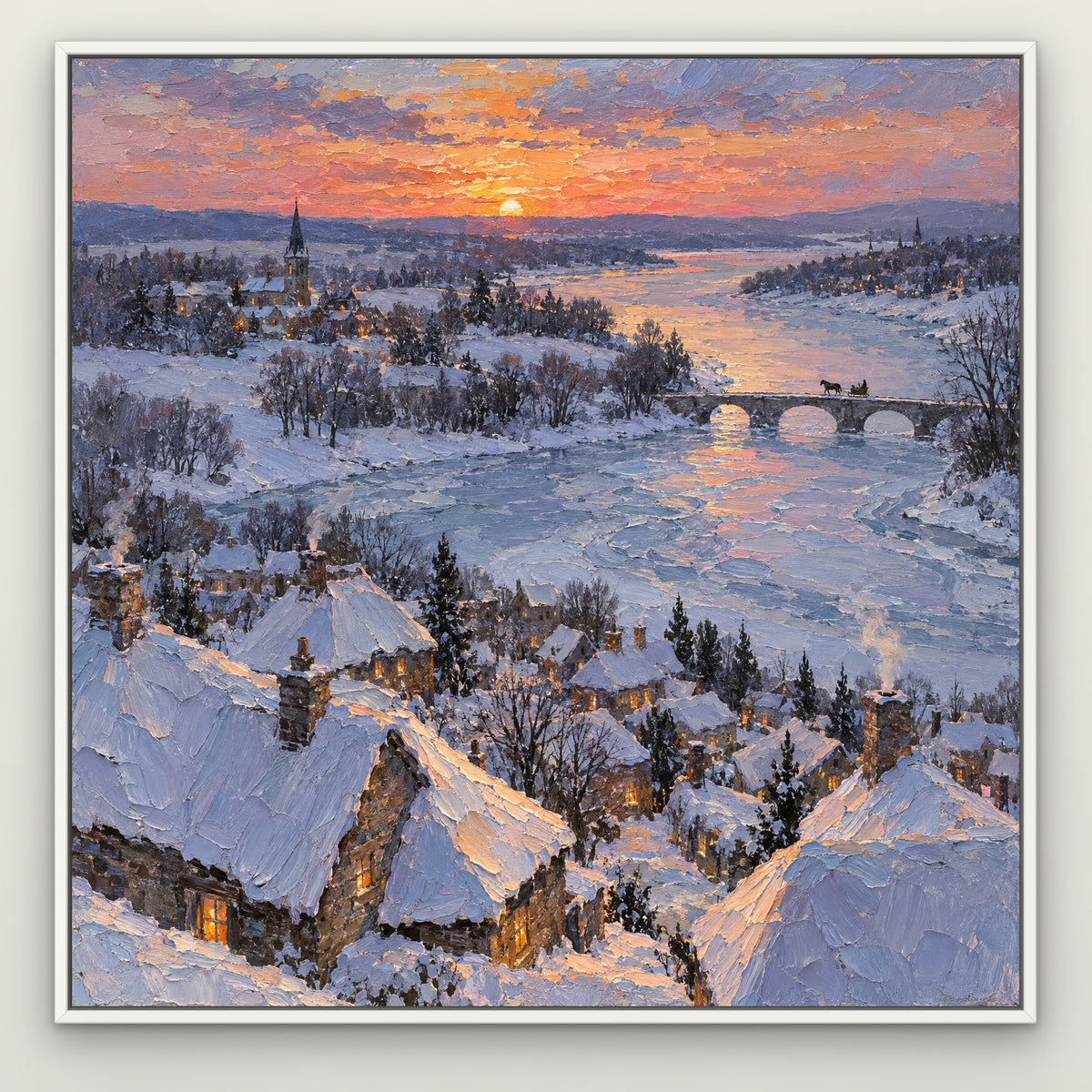 Winter Village Dusk, blue landscape hand-painted canvas wall art in a slim white float frame – Gallery 23