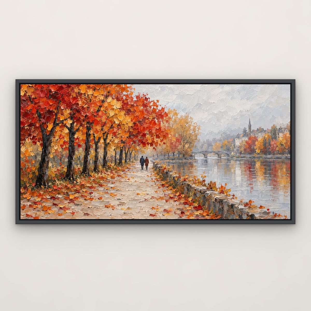 Autumn Promenade, grey figurative hand-painted canvas wall art in a slim dark grey float frame – Gallery 23