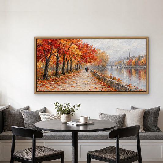 Autumn Promenade, grey figurative hand-painted canvas wall art in a kitchen nook – Gallery 23