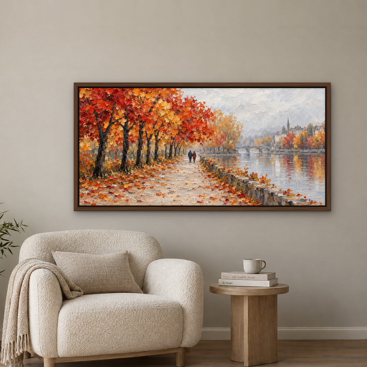 Autumn Promenade, grey figurative hand-painted canvas wall art in a reading corner – Gallery 23
