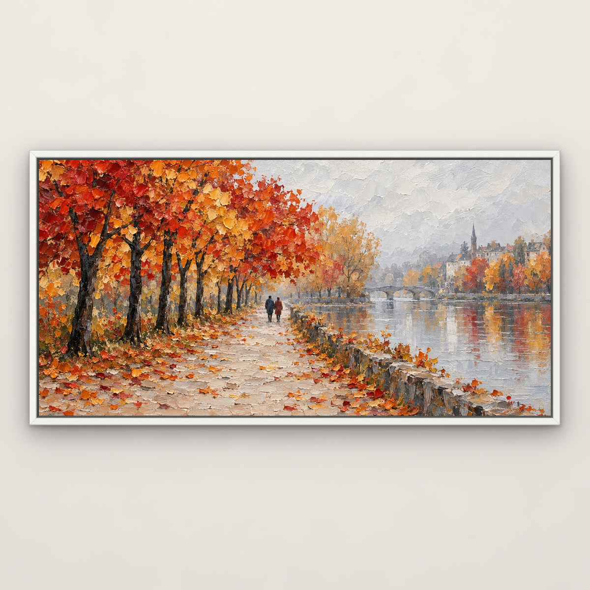 Autumn Promenade, grey figurative hand-painted canvas wall art in a slim white float frame – Gallery 23