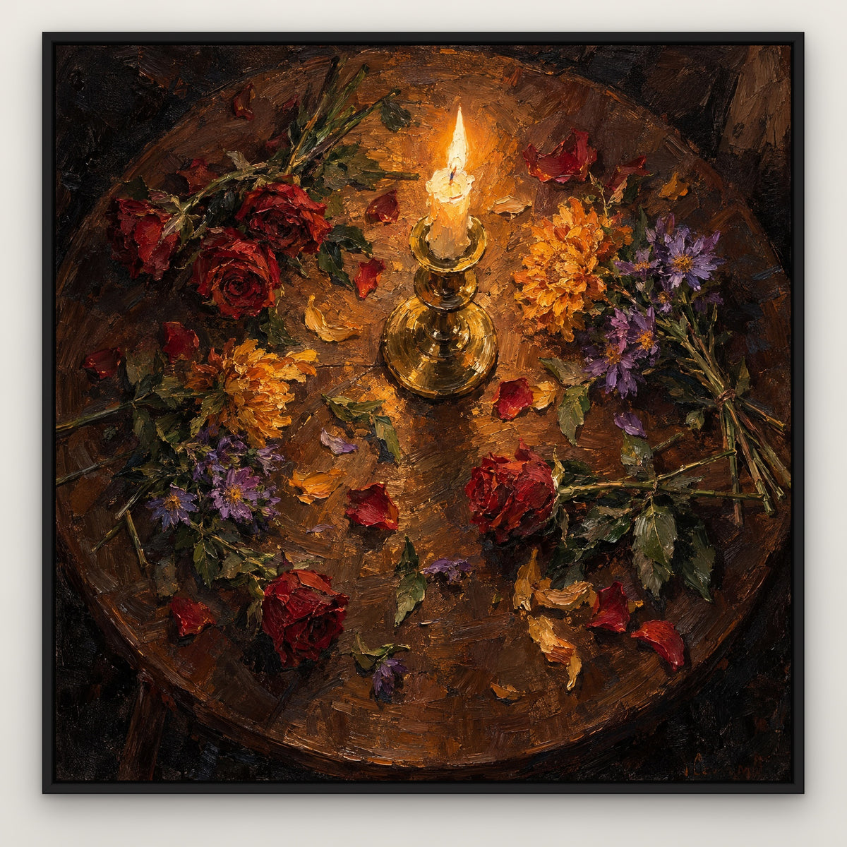 Blooms by Candlelight, brown floral hand-painted canvas wall art in a slim black float frame – Gallery 23