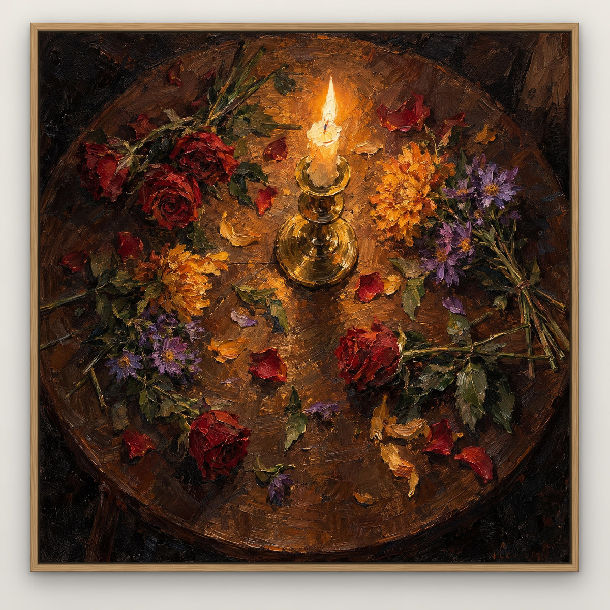 Blooms by Candlelight, brown floral hand-painted canvas wall art in a slim oak float frame – Gallery 23