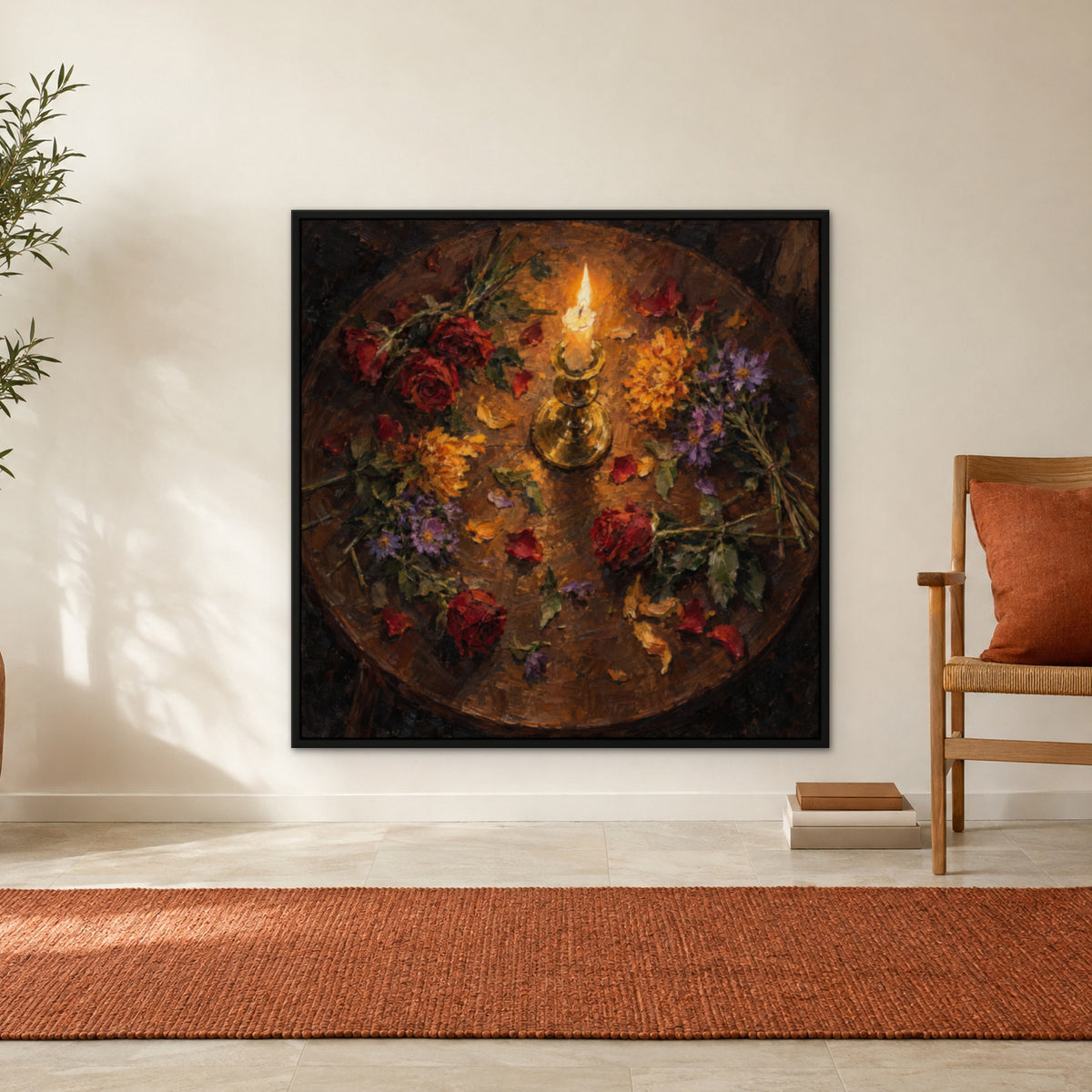 Blooms by Candlelight, brown floral hand-painted canvas wall art in a hallway – Gallery 23
