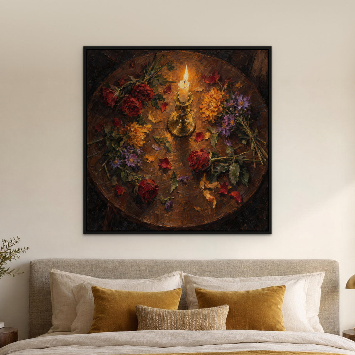 Blooms by Candlelight, brown floral hand-painted canvas wall art in a bedroom – Gallery 23
