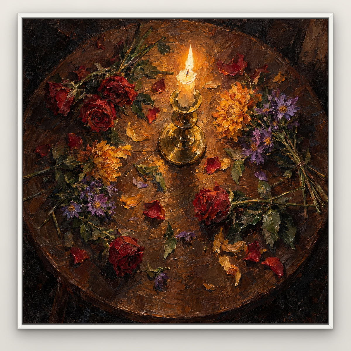 Blooms by Candlelight, brown floral hand-painted canvas wall art in a slim white float frame – Gallery 23
