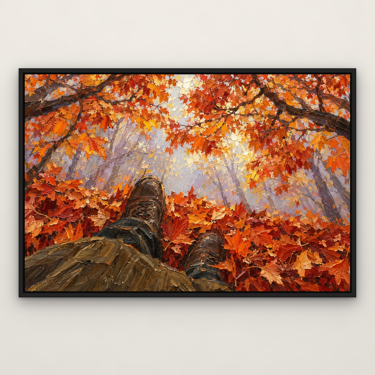 Fiery Autumn Walk, orange landscape hand-painted canvas wall art in a slim black float frame – Gallery 23