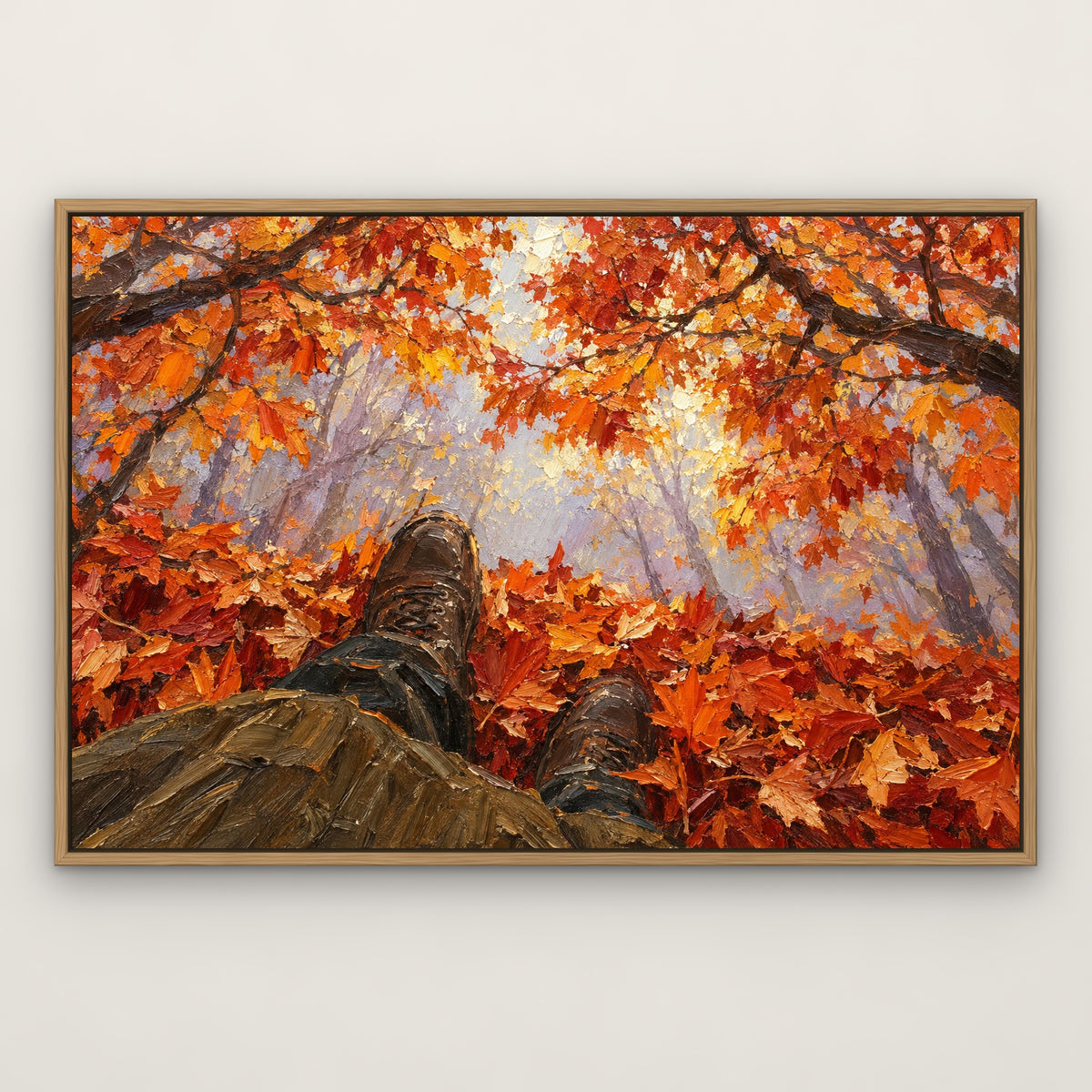 Fiery Autumn Walk, orange landscape hand-painted canvas wall art in a slim oak float frame – Gallery 23