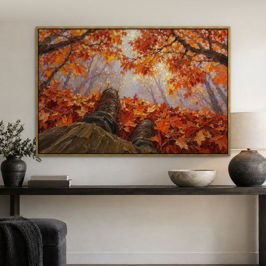 Fiery Autumn Walk, orange landscape hand-painted canvas wall art in a hallway – Gallery 23