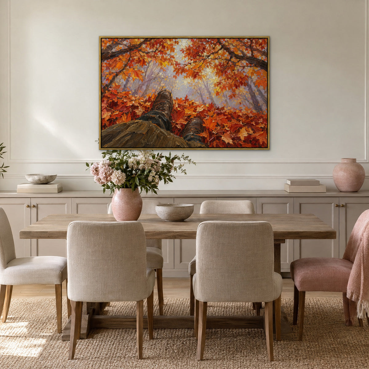 Fiery Autumn Walk, orange landscape hand-painted canvas wall art in a dining room – Gallery 23