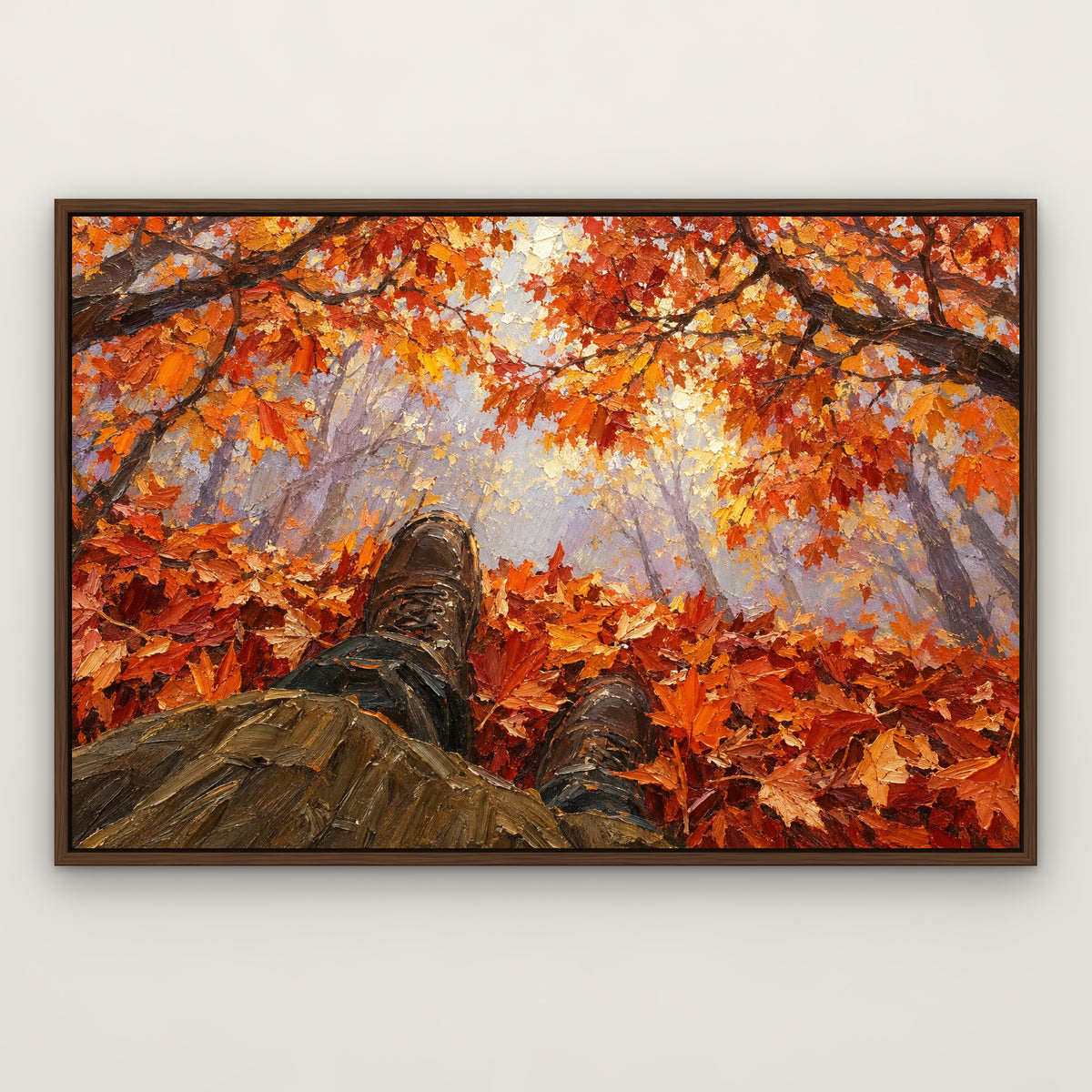 Fiery Autumn Walk, orange landscape hand-painted canvas wall art in a slim walnut float frame – Gallery 23