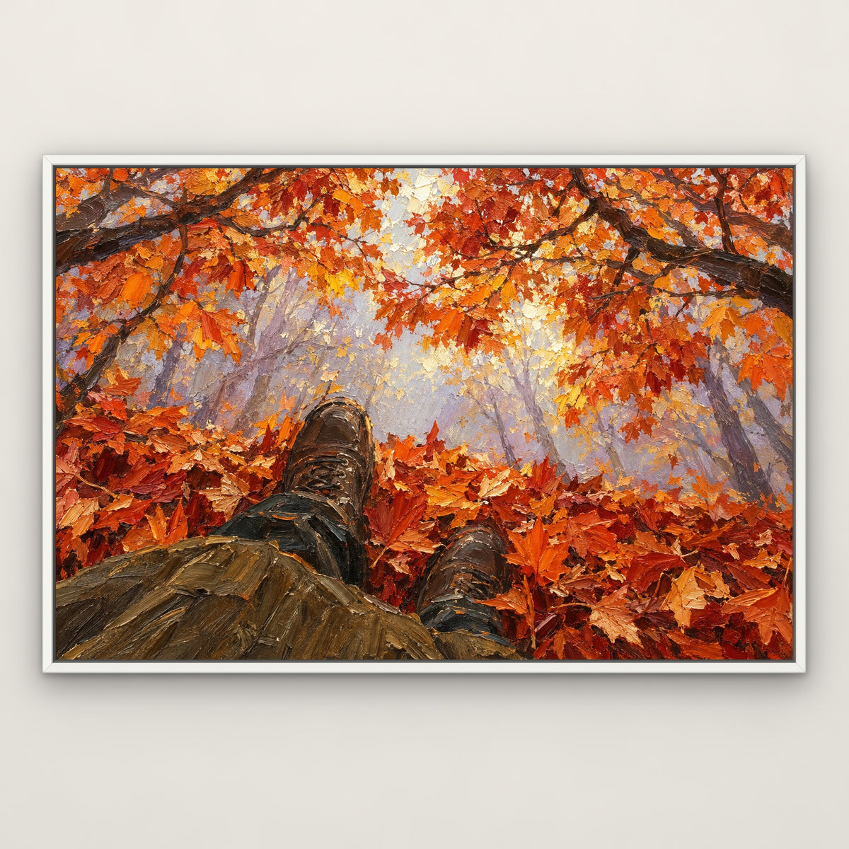 Fiery Autumn Walk, orange landscape hand-painted canvas wall art in a slim white float frame – Gallery 23