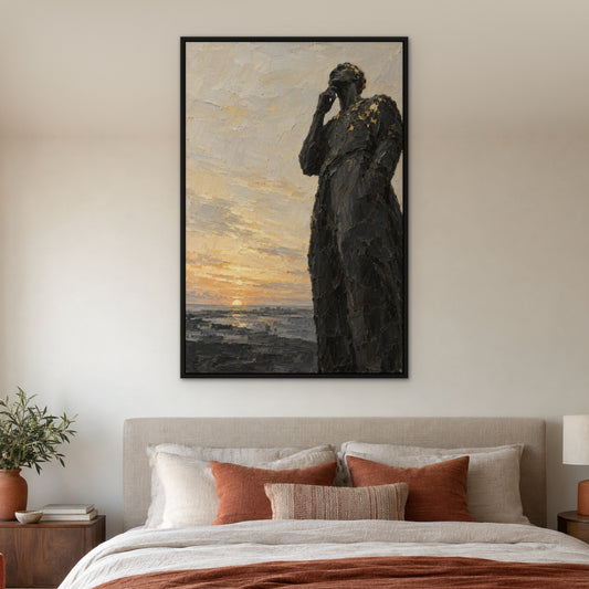 Gilded Thinker, gold abstract hand-painted canvas wall art in a bedroom – Gallery 23