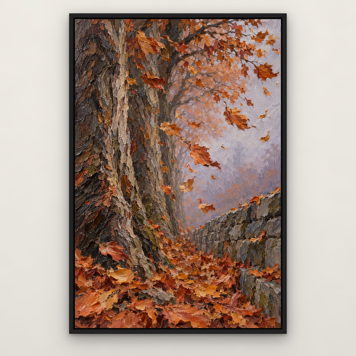 Copper Leaf Avenue, orange landscape hand-painted canvas wall art in a slim black float frame – Gallery 23