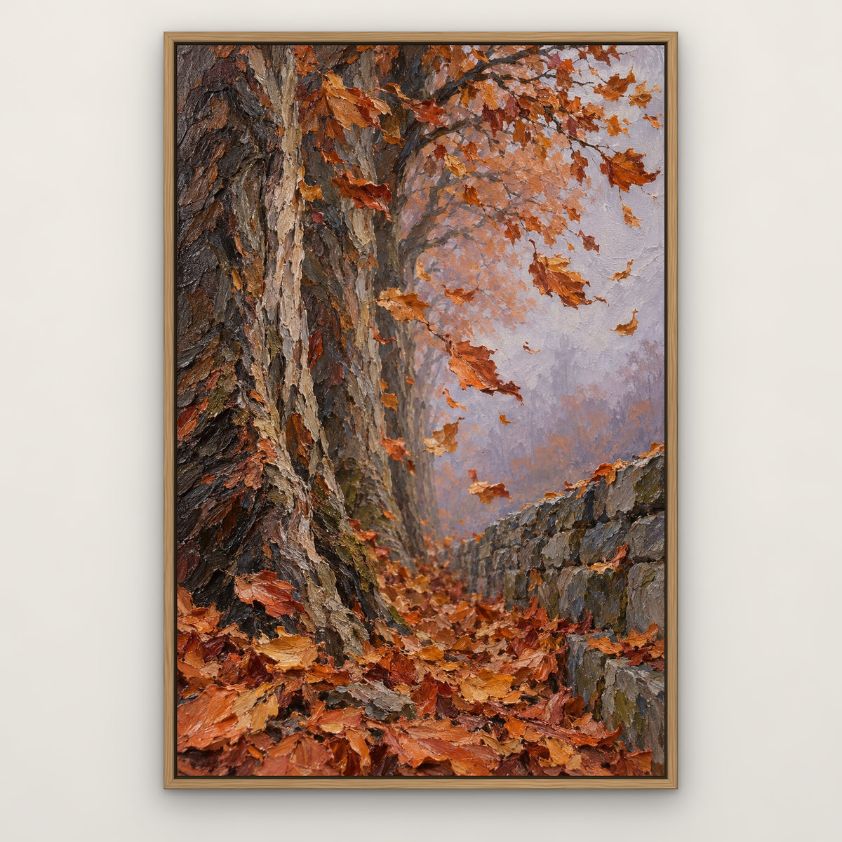 Copper Leaf Avenue, orange landscape hand-painted canvas wall art in a slim oak float frame – Gallery 23