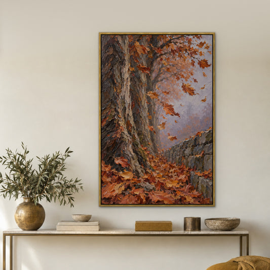 Copper Leaf Avenue, orange landscape hand-painted canvas wall art in a hallway – Gallery 23