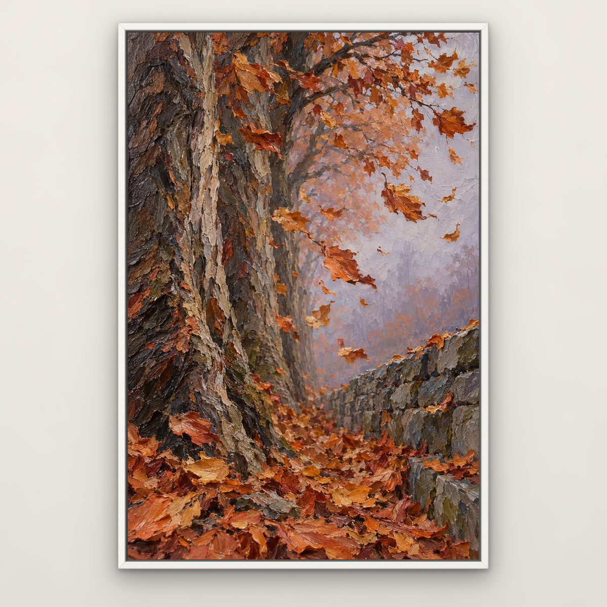 Copper Leaf Avenue, orange landscape hand-painted canvas wall art in a slim white float frame – Gallery 23
