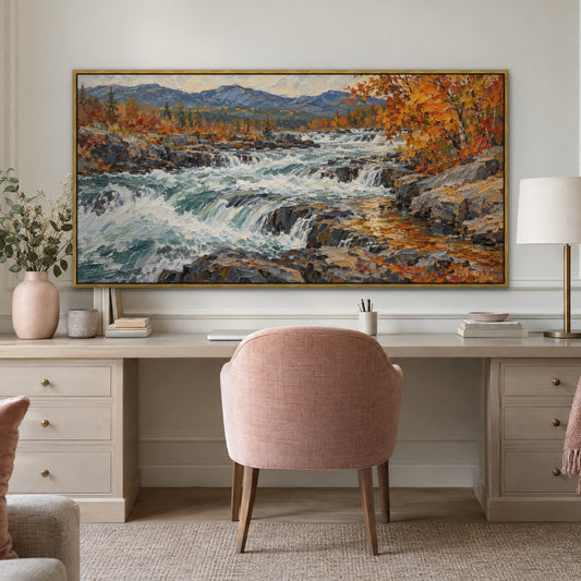 Autumn Rapids, blue mountain landscape hand-painted canvas wall art in a home office – Gallery 23