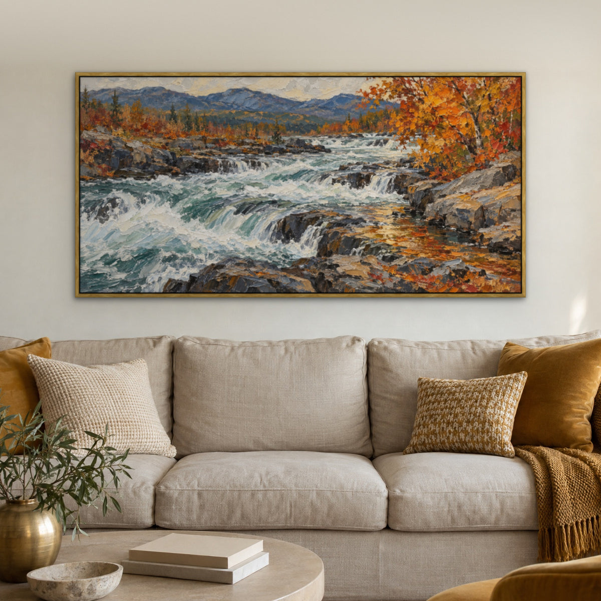 Autumn Rapids, blue mountain landscape hand-painted canvas wall art in a living room – Gallery 23