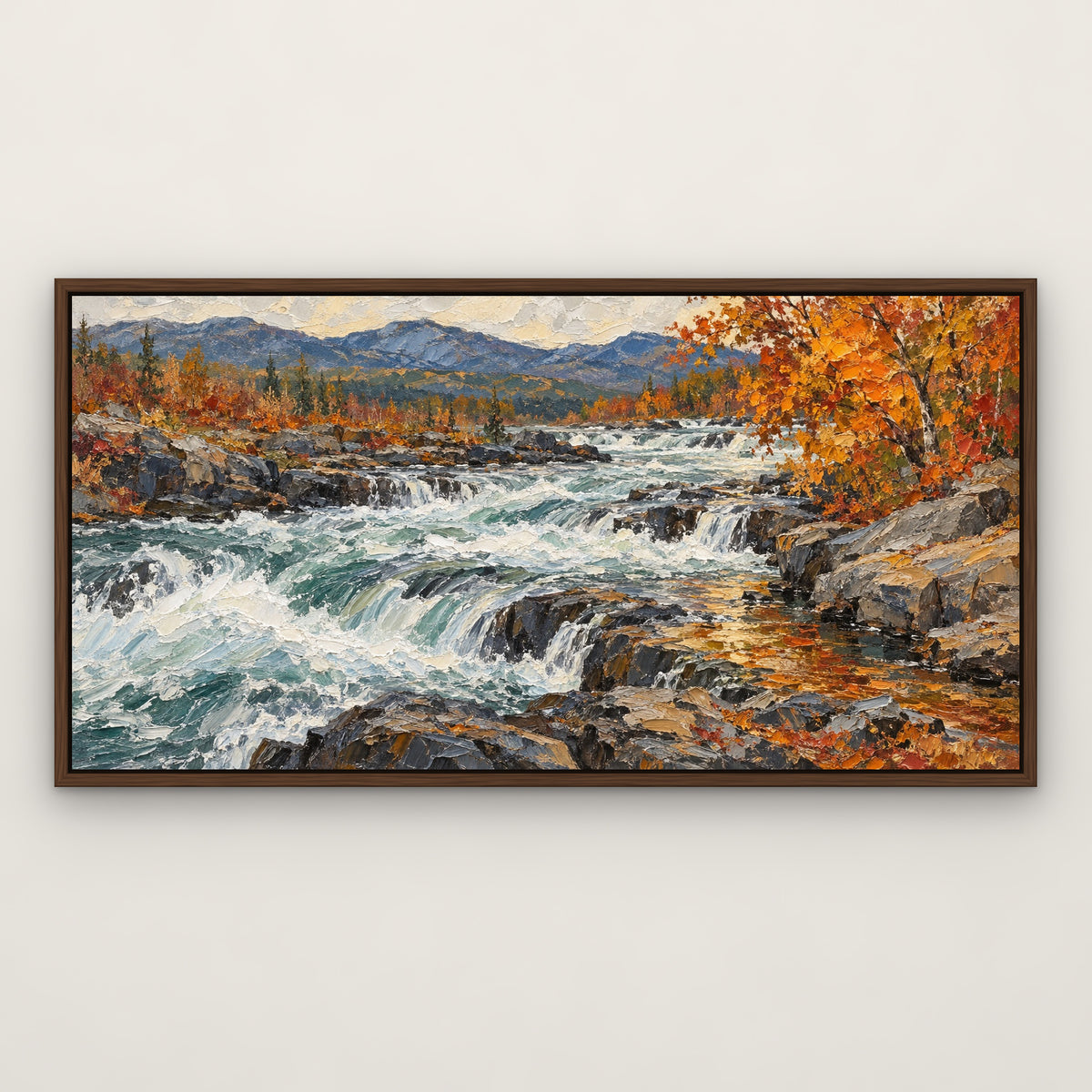 Autumn Rapids, blue mountain landscape hand-painted canvas wall art in a slim walnut float frame – Gallery 23