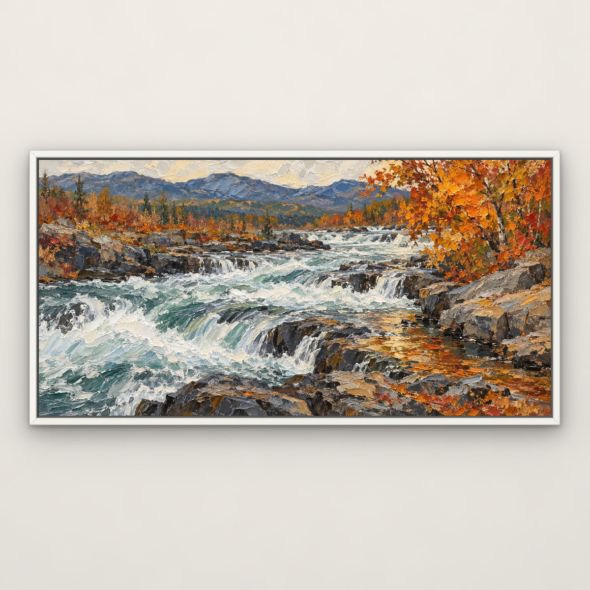 Autumn Rapids, blue mountain landscape hand-painted canvas wall art in a slim white float frame – Gallery 23