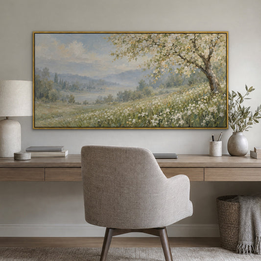 Blossom Meadow Tree, teal landscape hand-painted canvas wall art in a home office – Gallery 23