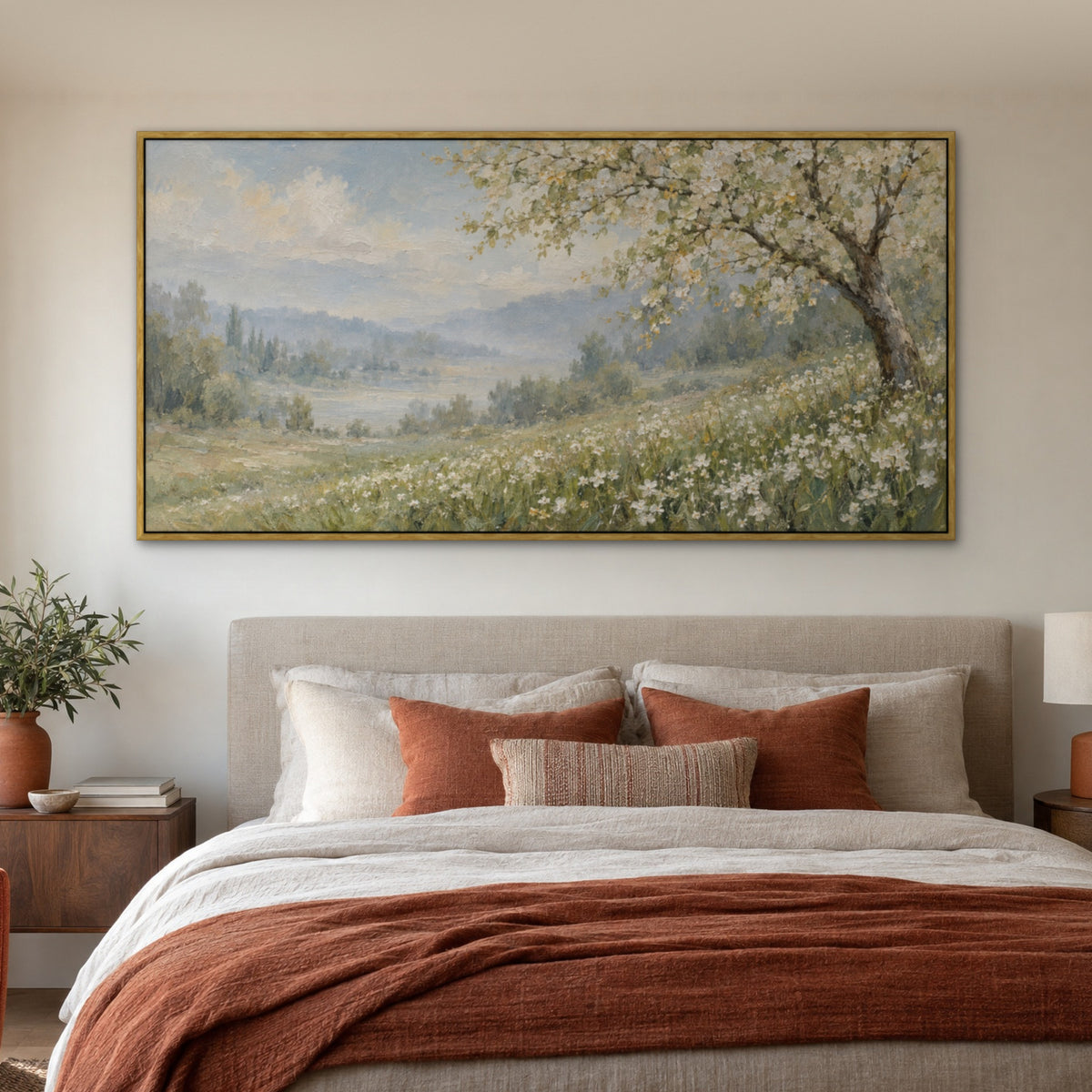Blossom Meadow Tree, teal landscape hand-painted canvas wall art in a bedroom – Gallery 23