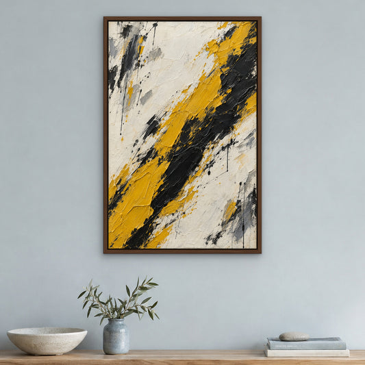Mustard Slash, yellow abstract hand-painted canvas wall art in a hallway – Gallery 23