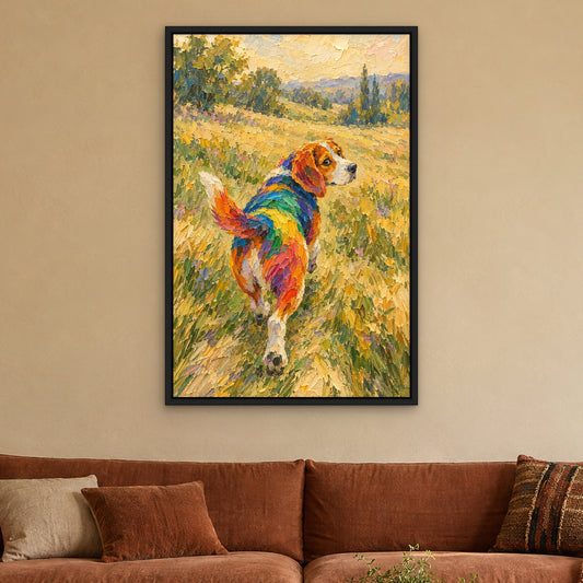 Prism Beagle, colourful pop art hand-painted canvas wall art in a living room – Gallery 23