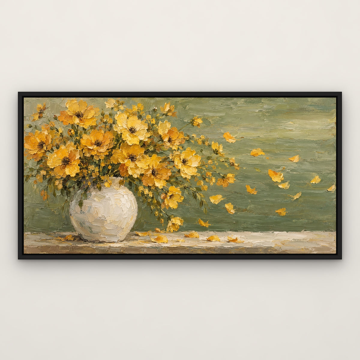 Golden Petal Breeze, yellow floral hand-painted canvas wall art in a slim black float frame – Gallery 23
